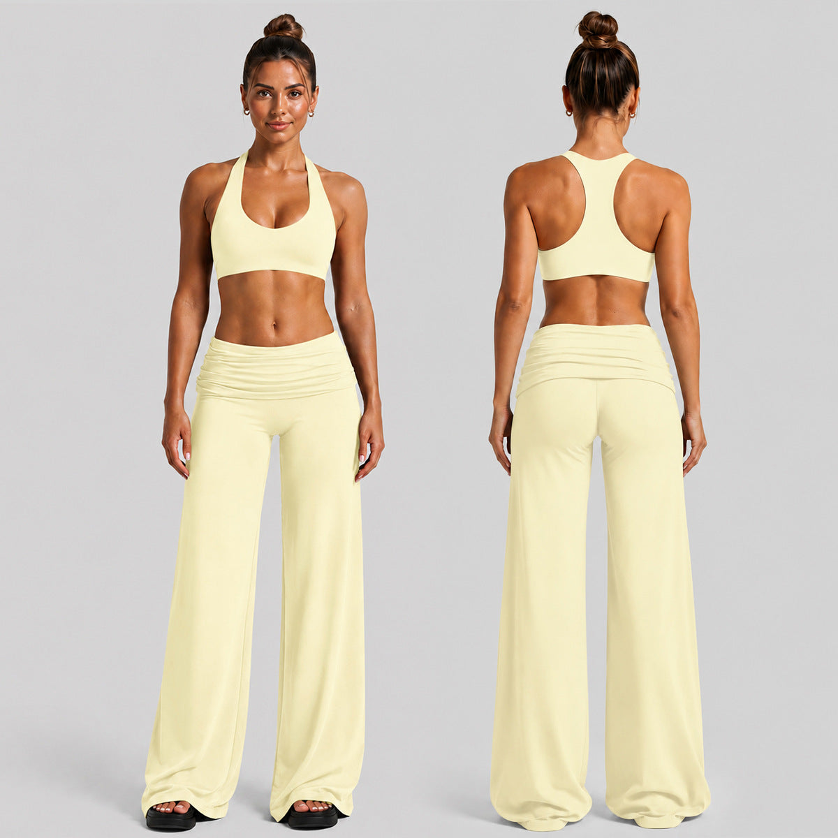 Solid Color Full Length Sport Running Jumpsuit For Women In Nylon Fabric With Wide Leg Pants Design And High Elasticity