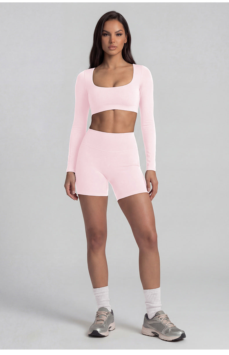 Women's Solid Color Nylon Shorts Co-ord Set With T-shirt In Natural Pink Featuring Pullover Design For Yoga