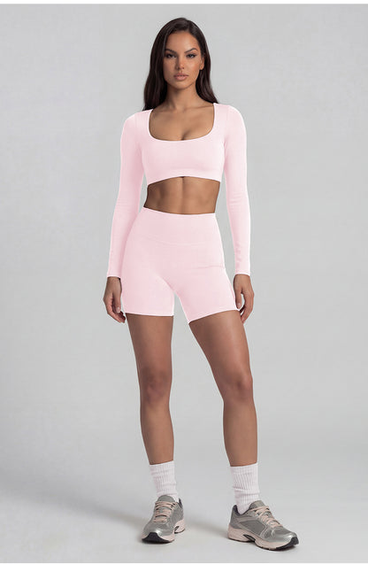 Women's Solid Color Nylon Shorts Co-ord Set With T-shirt In Natural Pink Featuring Pullover Design For Yoga