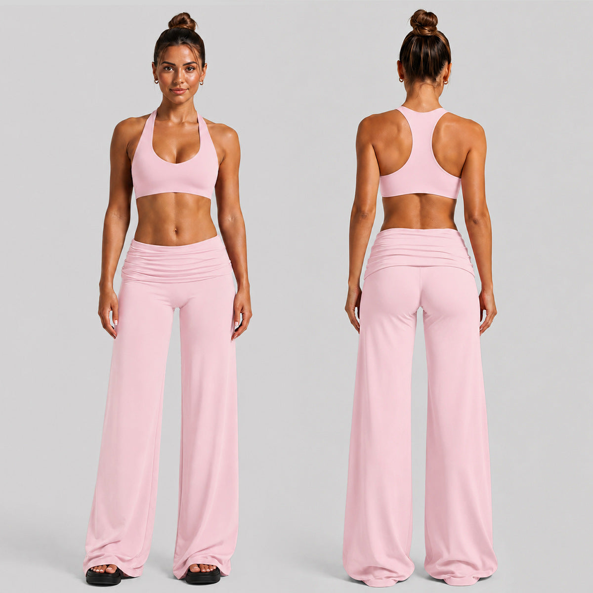 Solid Color Full Length Sport Running Jumpsuit For Women In Nylon Fabric With Wide Leg Pants Design And High Elasticity