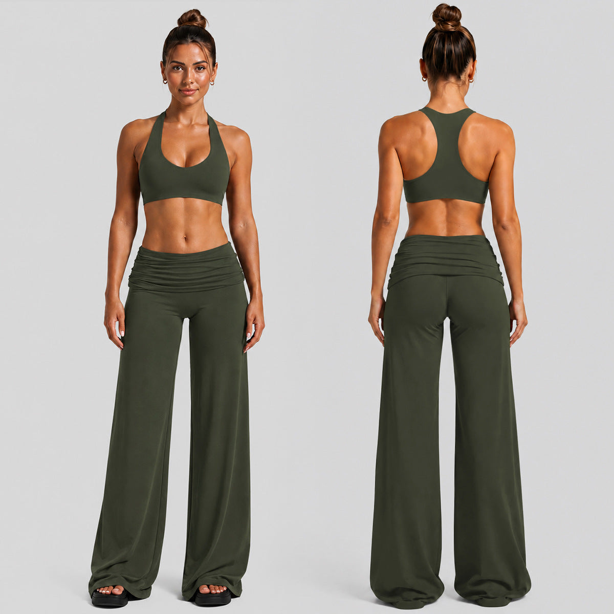 Solid Color Full Length Sport Running Jumpsuit For Women In Nylon Fabric With Wide Leg Pants Design And High Elasticity