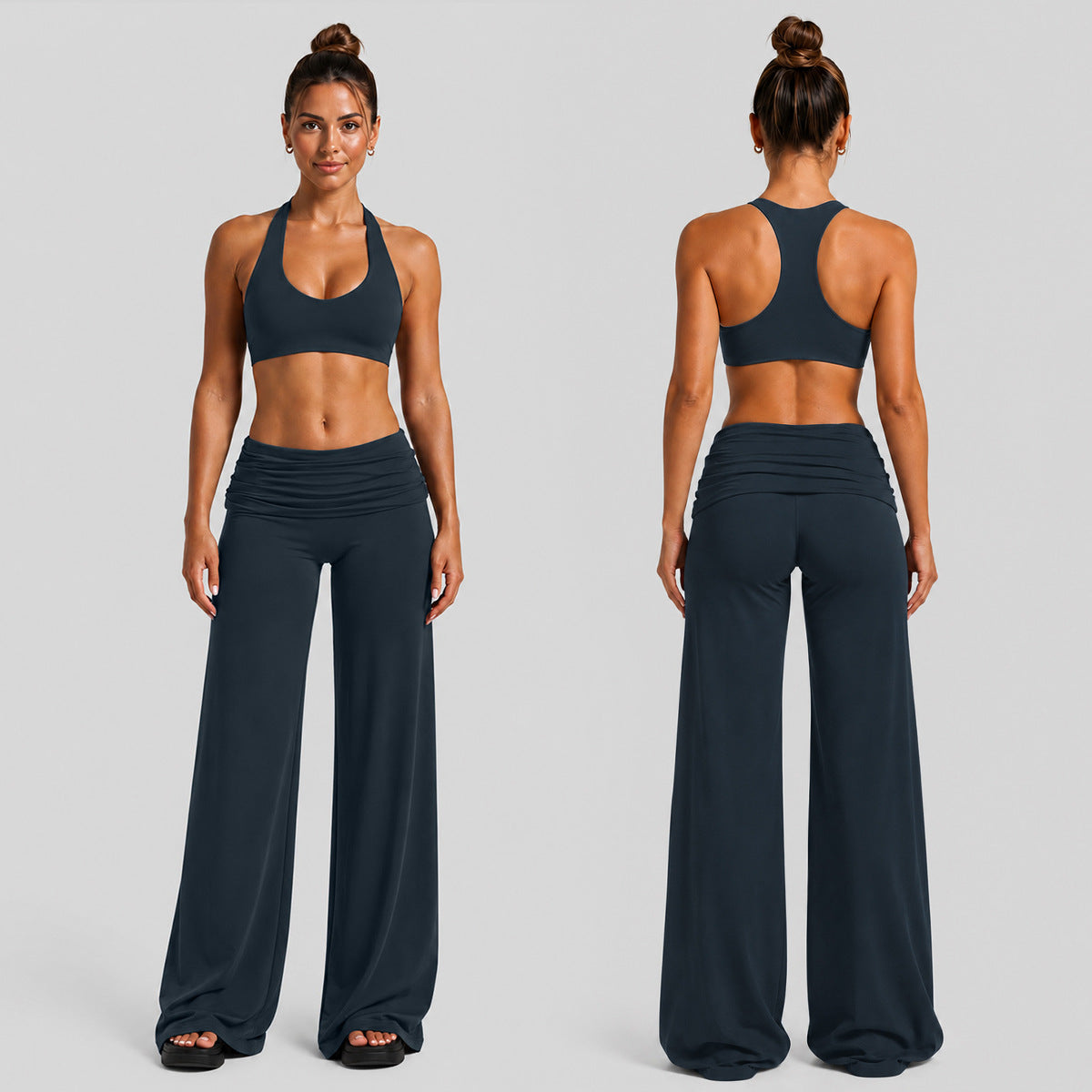 Solid Color Full Length Sport Running Jumpsuit For Women In Nylon Fabric With Wide Leg Pants Design And High Elasticity