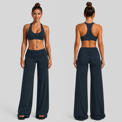 Solid Color Full Length Sport Running Jumpsuit For Women In Nylon Fabric With Wide Leg Pants Design And High Elasticity