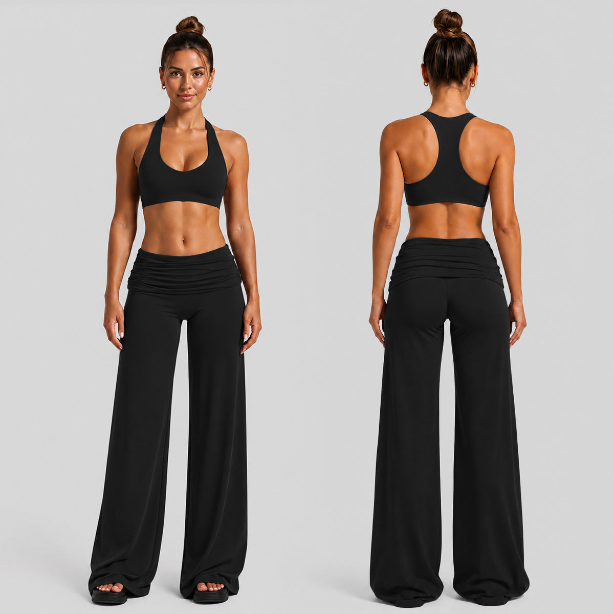 Solid Color Full Length Sport Running Jumpsuit For Women In Nylon Fabric With Wide Leg Pants Design And High Elasticity