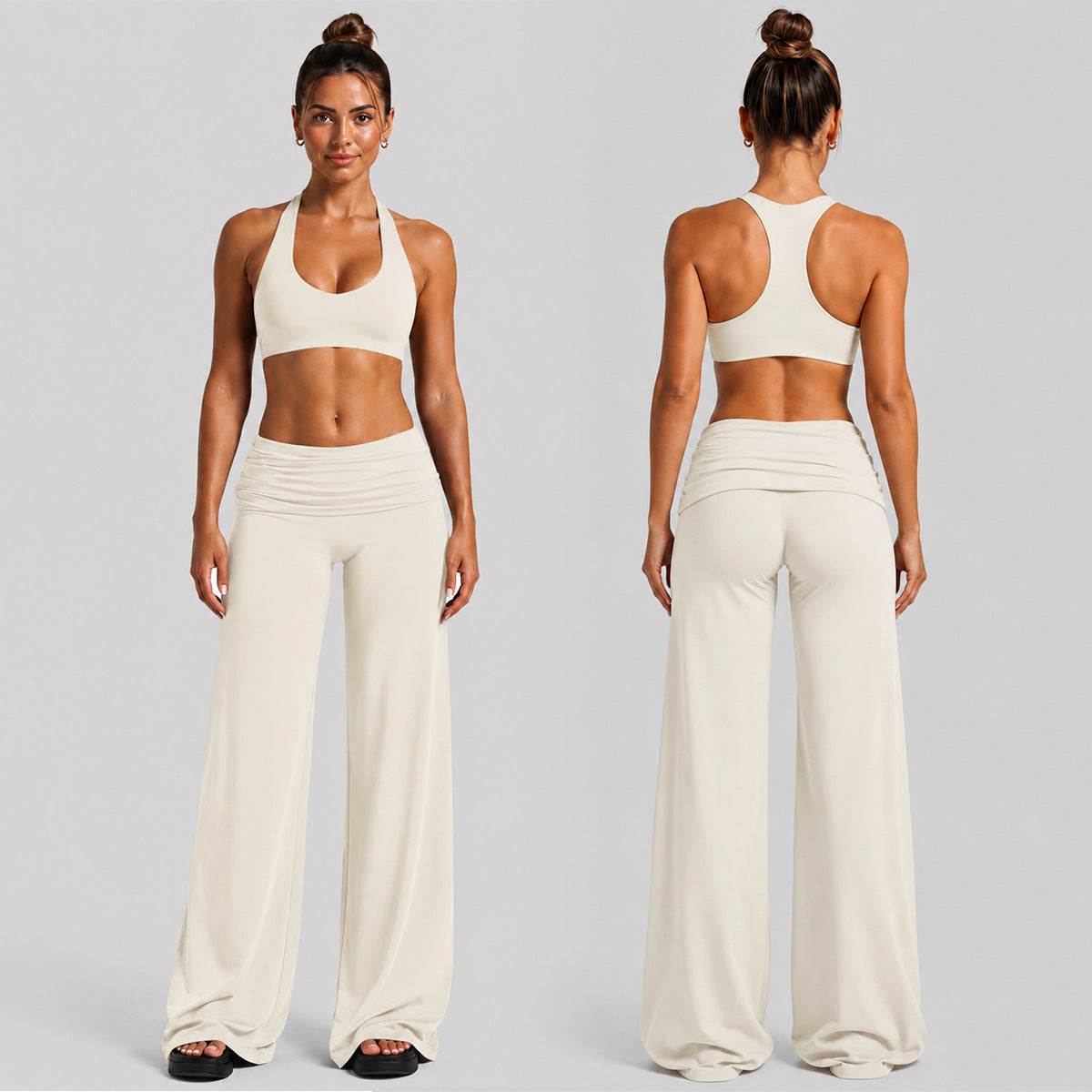 Solid Color Full Length Sport Running Jumpsuit For Women In Nylon Fabric With Wide Leg Pants Design And High Elasticity
