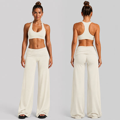 Solid Color Full Length Sport Running Jumpsuit For Women In Nylon Fabric With Wide Leg Pants Design And High Elasticity