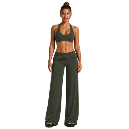 Solid Color Full Length Sport Running Jumpsuit For Women In Nylon Fabric With Wide Leg Pants Design And High Elasticity