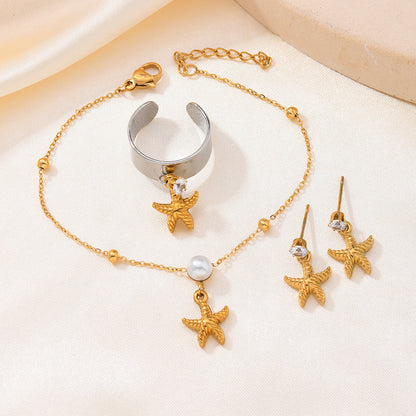 Unisex Starfish Shell Bracelet With Zircon Inlay, Casual Jewelry Set