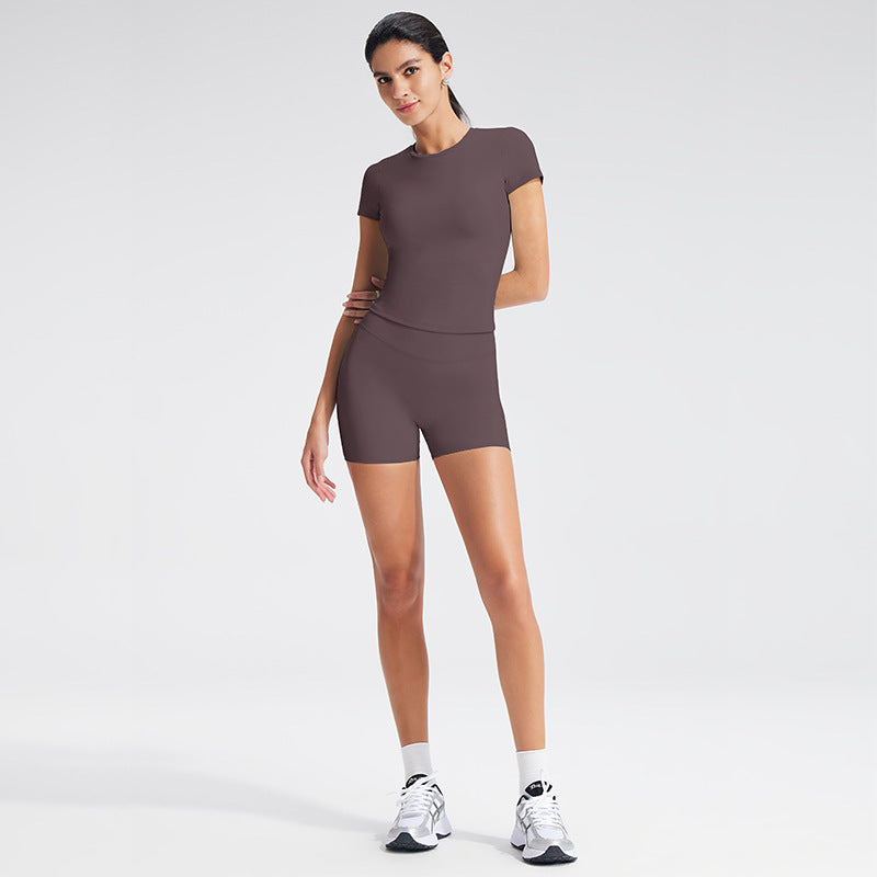 Solid Color Women's Nylon T-shirt In White With Short Sleeves, Pullover Style Yoga Top