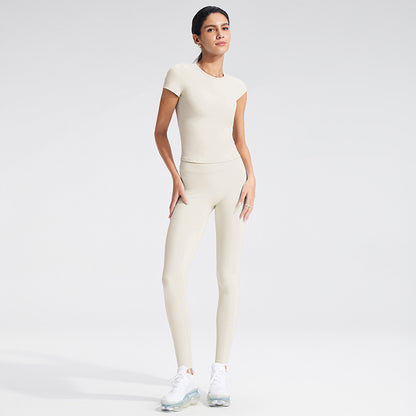 Solid Color Women's Nylon T-shirt In White With Short Sleeves, Pullover Style Yoga Top
