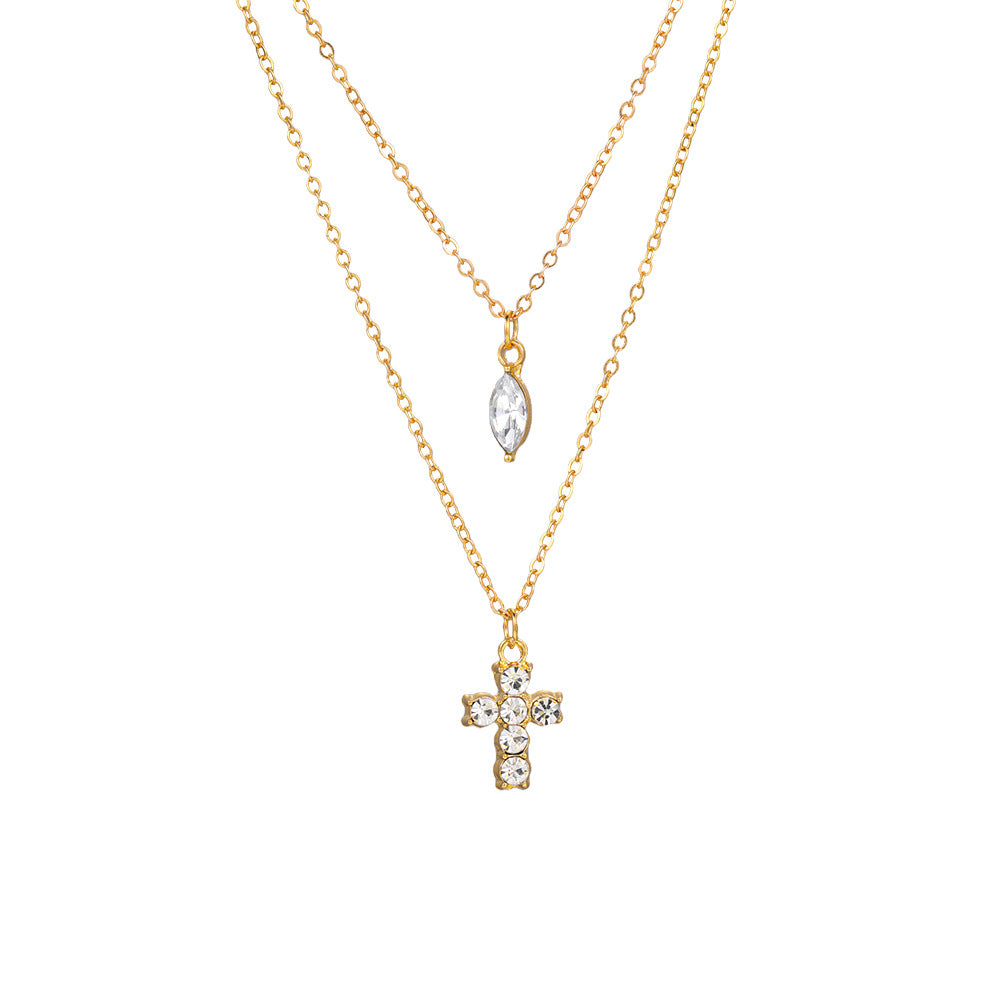 Electroplated Gold Cross Necklace For Women With Zircon Inlay And Simple Style Featuring Slider Chain In Alloy
