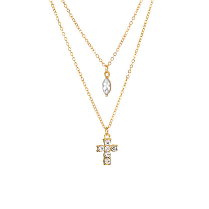 Electroplated Gold Cross Necklace For Women With Zircon Inlay And Simple Style Featuring Slider Chain In Alloy