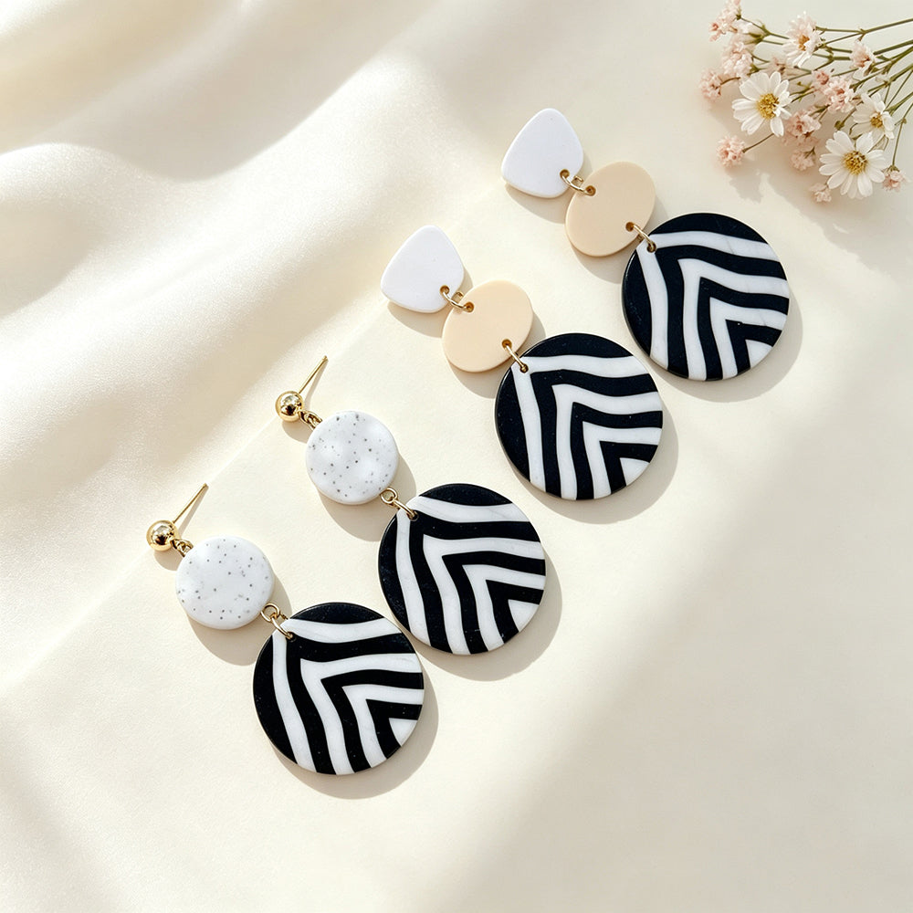 Asymmetrical Geometric Earrings For Women In White & Black Soft Clay With Golden Plated Finish, Simple Style