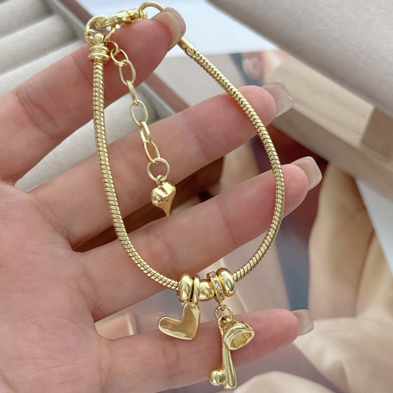 Geometric Waterproof Non Tarnish Bracelet For Adults, Copper With 18K Real Gold Electroplated And Zircon Inlay, Featuring Box Chain