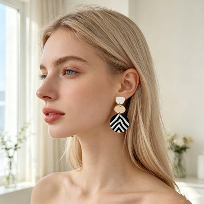 Asymmetrical Geometric Earrings For Women In White & Black Soft Clay With Golden Plated Finish, Simple Style