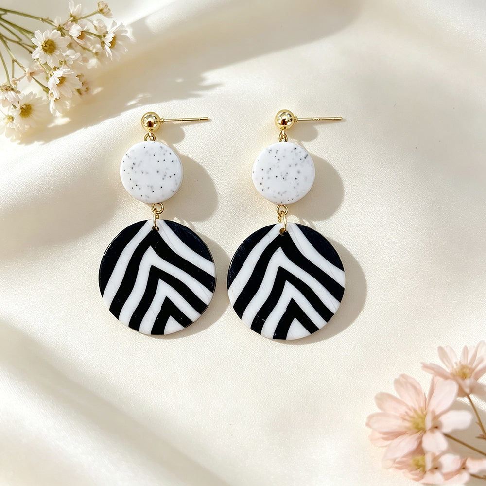 Asymmetrical Geometric Earrings For Women In White & Black Soft Clay With Golden Plated Finish, Simple Style