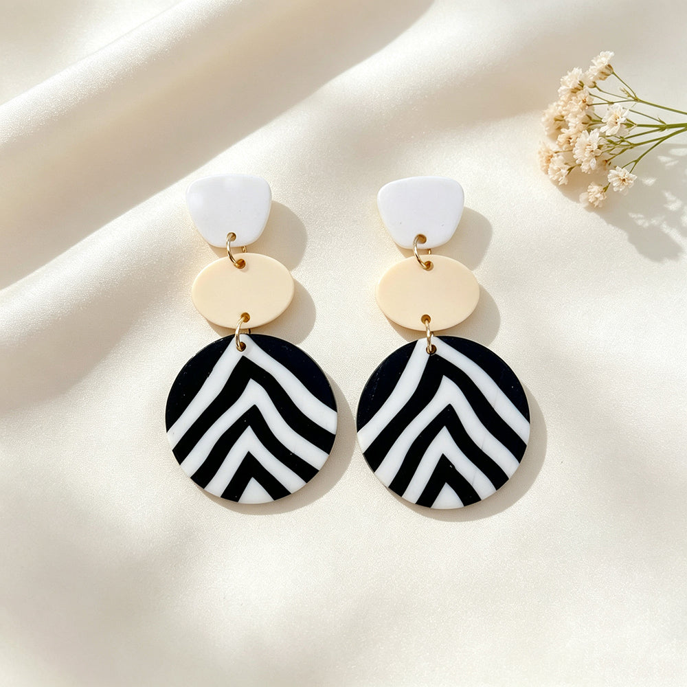 Asymmetrical Geometric Earrings For Women In White & Black Soft Clay With Golden Plated Finish, Simple Style
