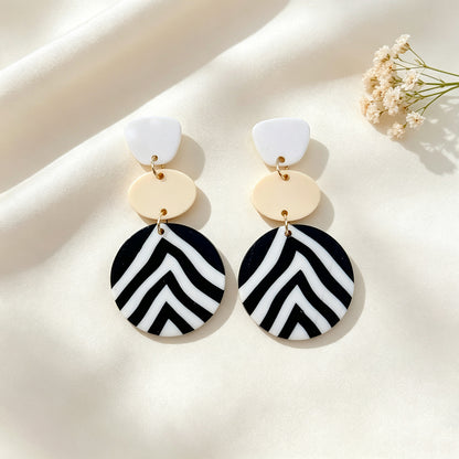 Asymmetrical Geometric Earrings For Women In White & Black Soft Clay With Golden Plated Finish, Simple Style
