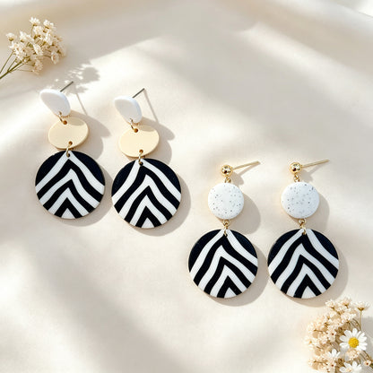 Asymmetrical Geometric Earrings For Women In White & Black Soft Clay With Golden Plated Finish, Simple Style