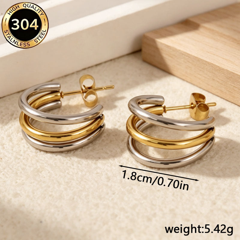 C Shape Hypoallergenic Stud Earrings In 304 Stainless Steel With 18K Real Gold PVD Coated Plating 0.03µm Thickness, Unisex