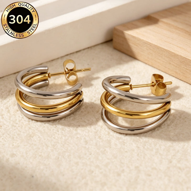 C Shape Hypoallergenic Stud Earrings In 304 Stainless Steel With 18K Real Gold PVD Coated Plating 0.03µm Thickness, Unisex