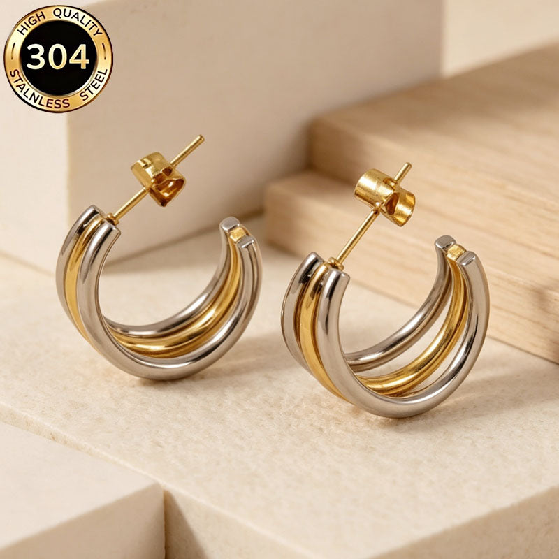 C Shape Hypoallergenic Stud Earrings In 304 Stainless Steel With 18K Real Gold PVD Coated Plating 0.03µm Thickness, Unisex