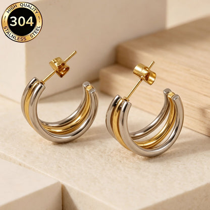 C Shape Hypoallergenic Stud Earrings In 304 Stainless Steel With 18K Real Gold PVD Coated Plating 0.03µm Thickness, Unisex