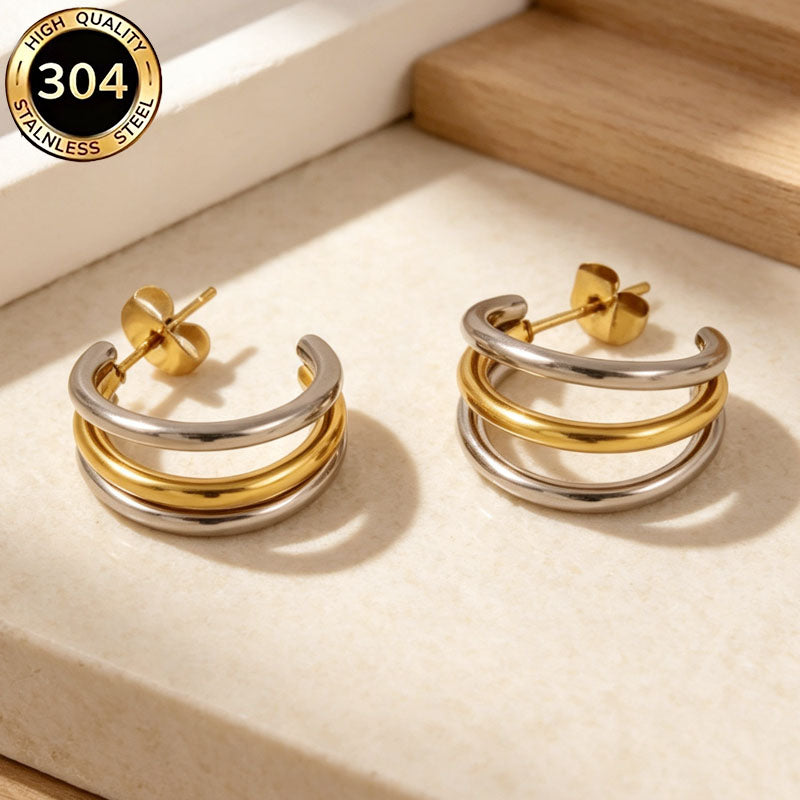 C Shape Hypoallergenic Stud Earrings In 304 Stainless Steel With 18K Real Gold PVD Coated Plating 0.03µm Thickness, Unisex