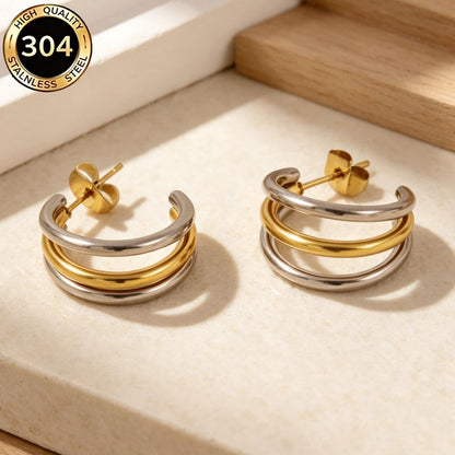 C Shape Hypoallergenic Stud Earrings In 304 Stainless Steel With 18K Real Gold PVD Coated Plating 0.03µm Thickness, Unisex