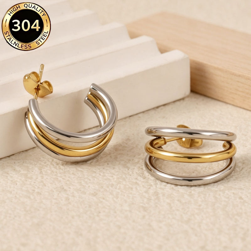 C Shape Hypoallergenic Stud Earrings In 304 Stainless Steel With 18K Real Gold PVD Coated Plating 0.03µm Thickness, Unisex