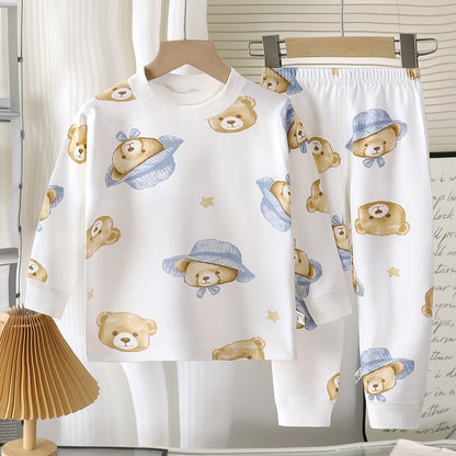 Cat Pattern Toddler Children's Underwear Set In White Cotton With Scoop Neck, 2 Pieces For Ages 3-6 Years