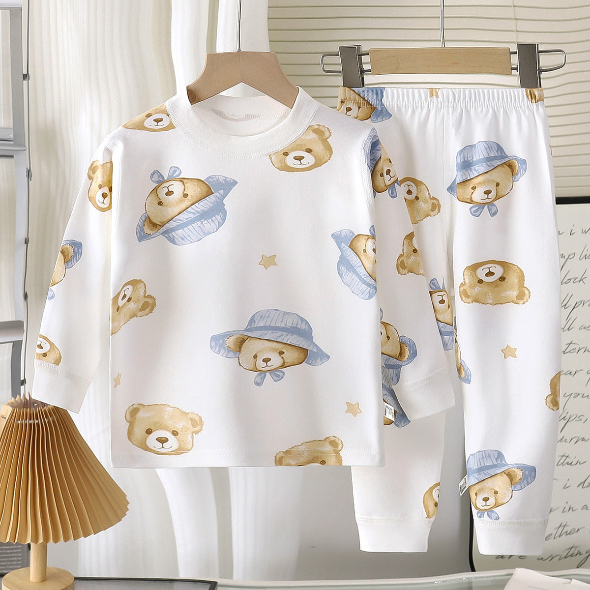 Cat Pattern Toddler Children's Underwear Set In White Cotton With Scoop Neck, 2 Pieces For Ages 3-6 Years