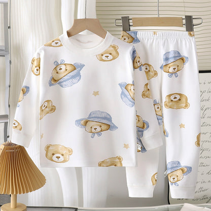 Cat Pattern Toddler Children's Underwear Set In White Cotton With Scoop Neck, 2 Pieces For Ages 3-6 Years