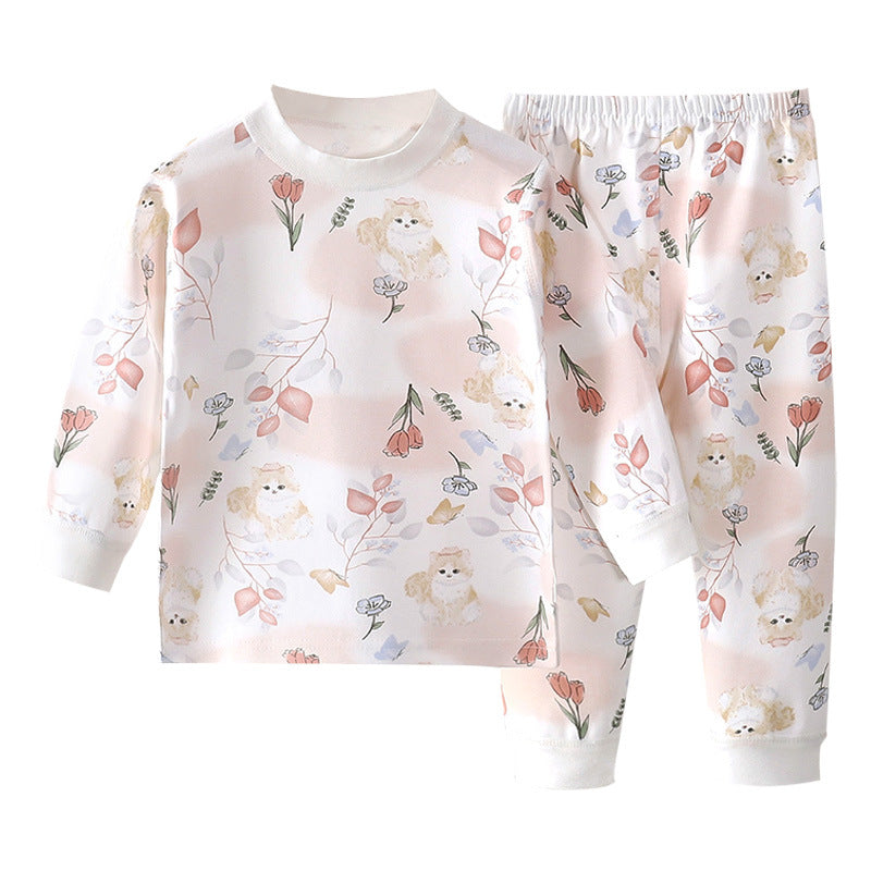 Cat Pattern Toddler Children's Underwear Set In White Cotton With Scoop Neck, 2 Pieces For Ages 3-6 Years