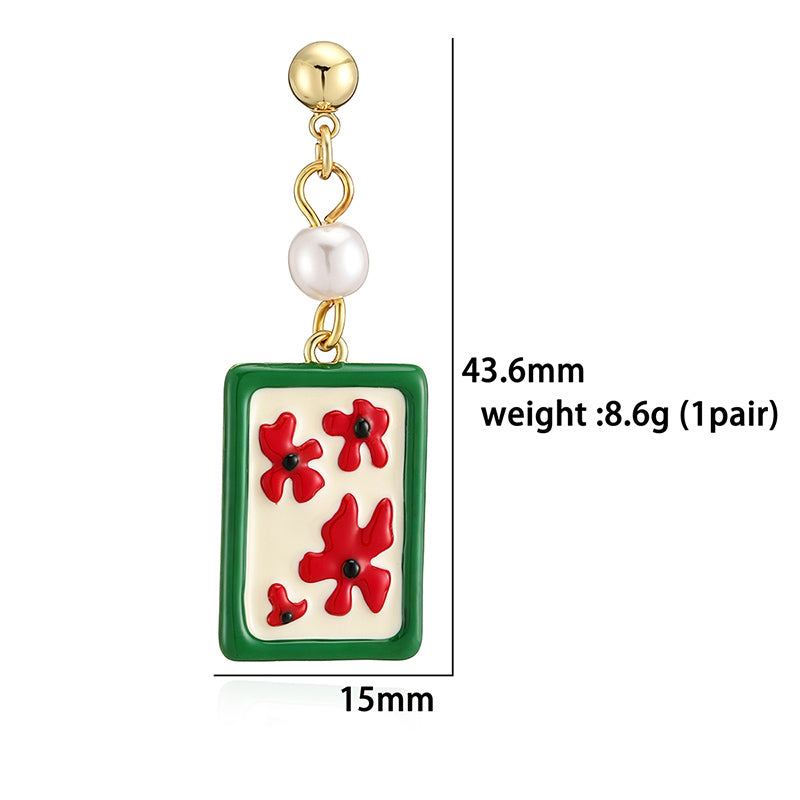 Sweet Flowers Enamel Stud Earrings With Artificial Pearl, 18K Real Gold Plated Copper, Water Plating Process