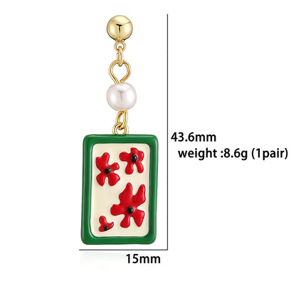 Sweet Flowers Enamel Stud Earrings With Artificial Pearl, 18K Real Gold Plated Copper, Water Plating Process