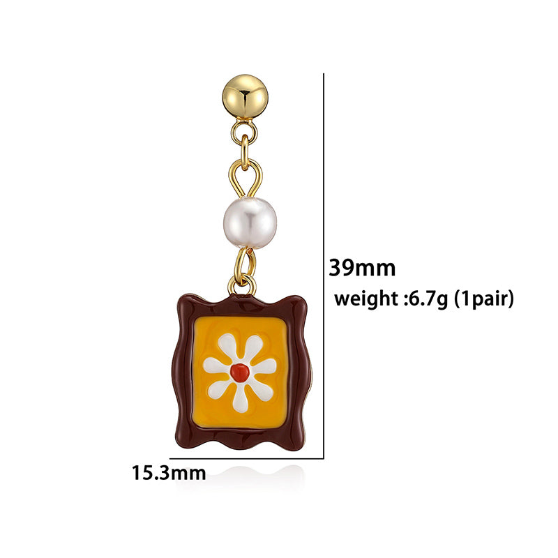 Sweet Flowers Enamel Stud Earrings With Artificial Pearl, 18K Real Gold Plated Copper, Water Plating Process