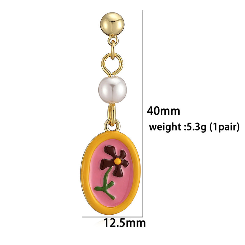 Sweet Flowers Enamel Stud Earrings With Artificial Pearl, 18K Real Gold Plated Copper, Water Plating Process