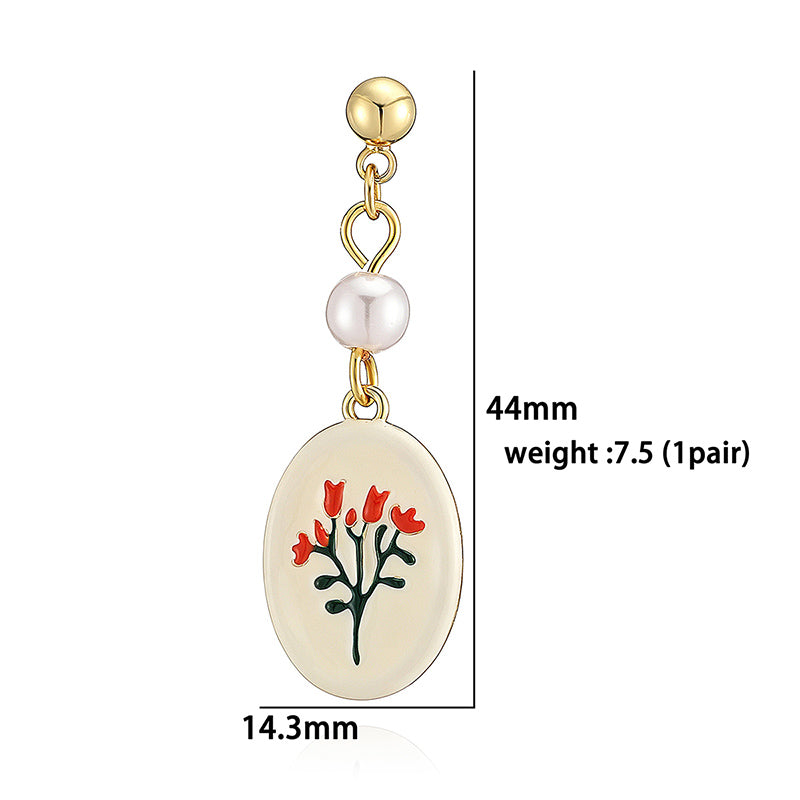 Sweet Flowers Enamel Stud Earrings With Artificial Pearl, 18K Real Gold Plated Copper, Water Plating Process