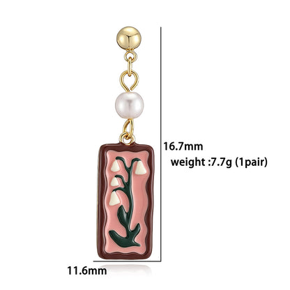 Sweet Flowers Enamel Stud Earrings With Artificial Pearl, 18K Real Gold Plated Copper, Water Plating Process