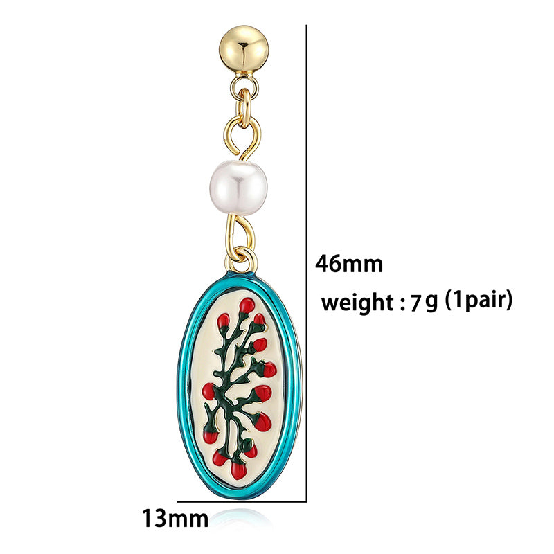 Sweet Flowers Enamel Stud Earrings With Artificial Pearl, 18K Real Gold Plated Copper, Water Plating Process