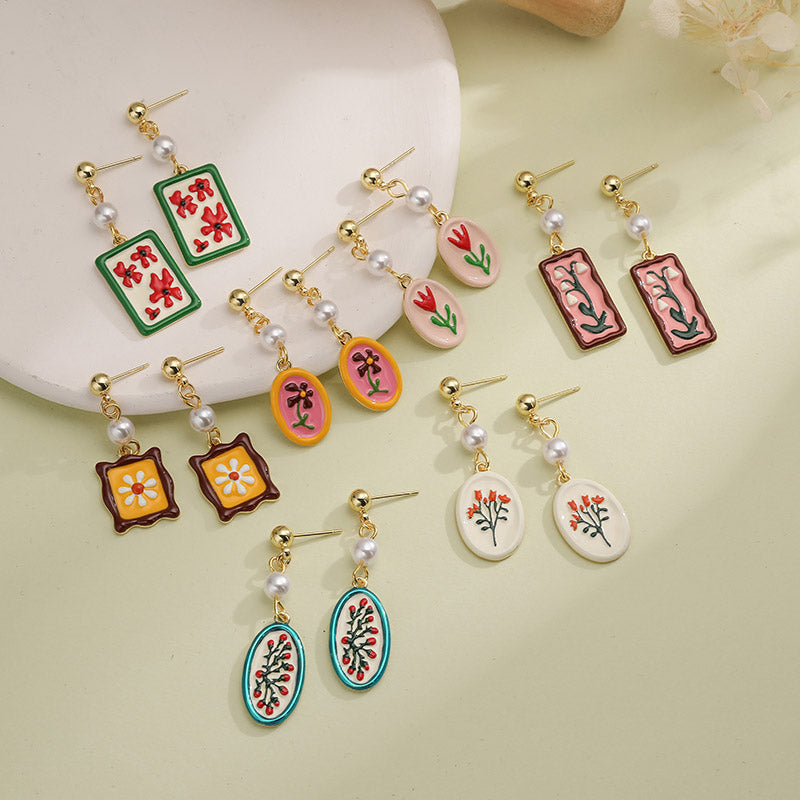 Sweet Flowers Enamel Stud Earrings With Artificial Pearl, 18K Real Gold Plated Copper, Water Plating Process