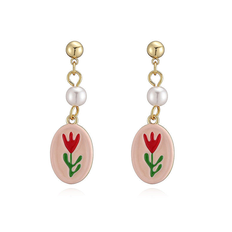 Sweet Flowers Enamel Stud Earrings With Artificial Pearl, 18K Real Gold Plated Copper, Water Plating Process