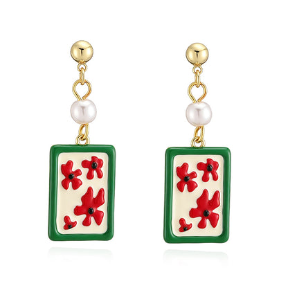 Sweet Flowers Enamel Stud Earrings With Artificial Pearl, 18K Real Gold Plated Copper, Water Plating Process