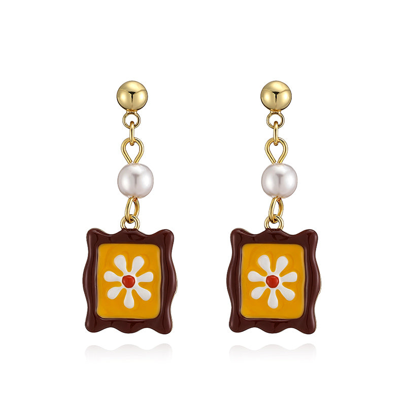 Sweet Flowers Enamel Stud Earrings With Artificial Pearl, 18K Real Gold Plated Copper, Water Plating Process