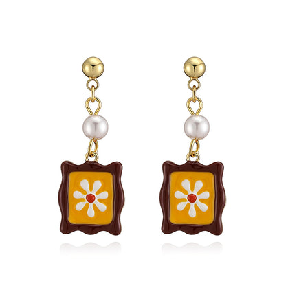 Sweet Flowers Enamel Stud Earrings With Artificial Pearl, 18K Real Gold Plated Copper, Water Plating Process