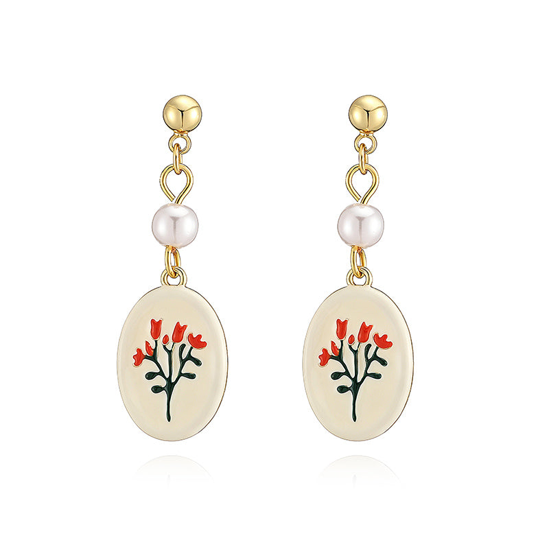 Sweet Flowers Enamel Stud Earrings With Artificial Pearl, 18K Real Gold Plated Copper, Water Plating Process