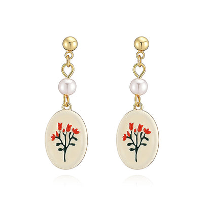Sweet Flowers Enamel Stud Earrings With Artificial Pearl, 18K Real Gold Plated Copper, Water Plating Process