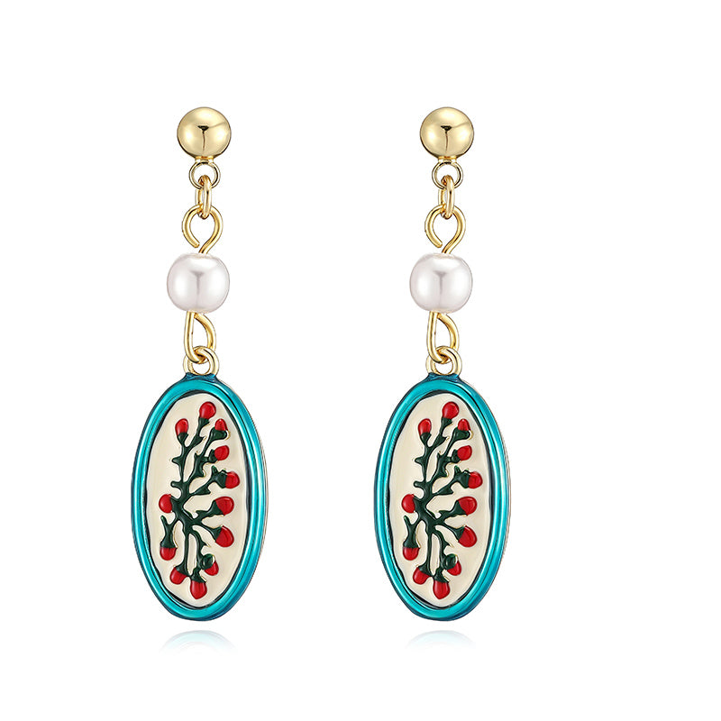 Sweet Flowers Enamel Stud Earrings With Artificial Pearl, 18K Real Gold Plated Copper, Water Plating Process