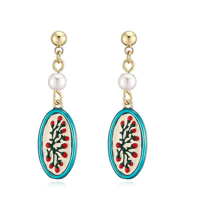 Sweet Flowers Enamel Stud Earrings With Artificial Pearl, 18K Real Gold Plated Copper, Water Plating Process